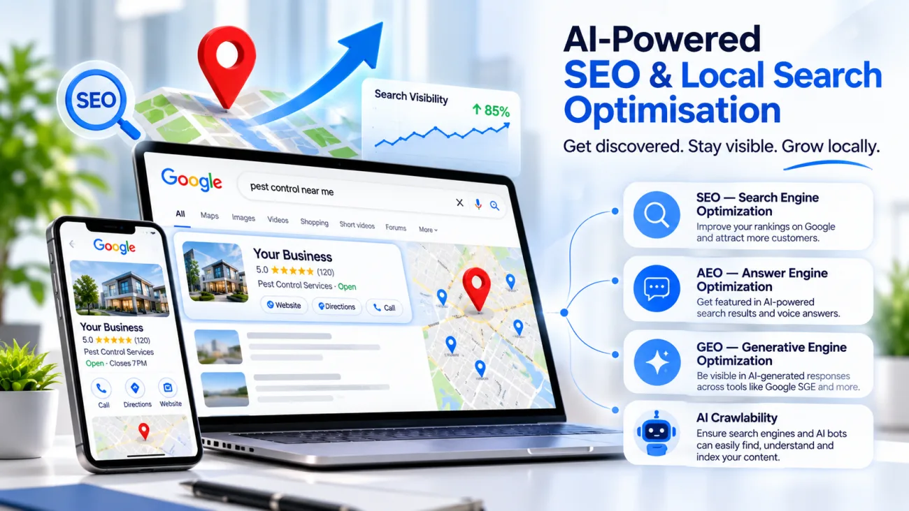AI-powered SEO and local search: a business listing in Google search and Maps, with SEO, AEO, GEO and AI crawlability highlights