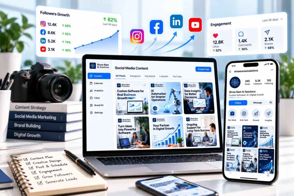 Social media dashboard showing follower growth across Instagram, Facebook, LinkedIn and YouTube, engagement metrics and scheduled brand content